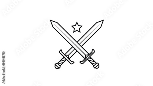 Black and white icon of two crossed swords with a single five-pointed star above them representing military honor or combat.