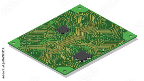 Isometric 3d view of a green printed circuit board with two large processors gold traces and four mounting holes at the corners.