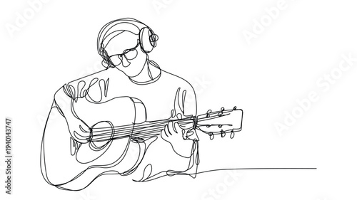 Man Playing Acoustic Guitar with Headphones , continuous line art ,  vector illustration