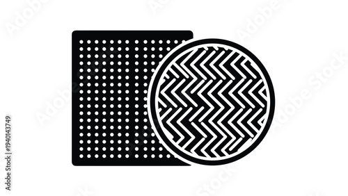 Abstract black and white graphic showing a dotted square partially covered by a circular shape with a zigzag herringbone pattern.