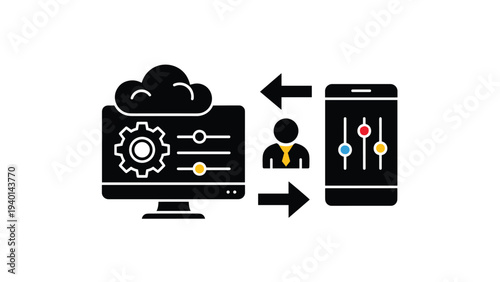 Digital interface showing user synchronization between computer monitor and smartphone for remote control and system settings management.
