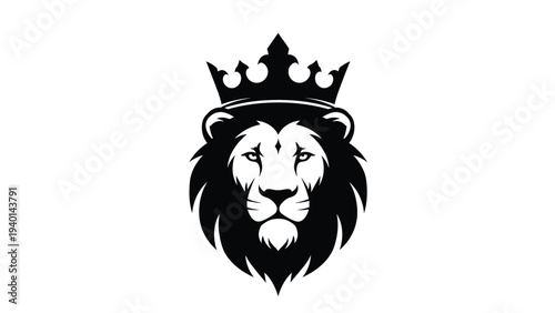 Regal lion head silhouette wearing an ornate crown, symbolizing power, leadership, royalty, and majestic strength in a black and white graphic.