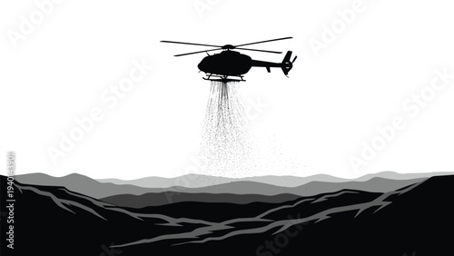 Silhouette of a helicopter flying over a mountainous terrain while releasing a spray of material, used for firefighting or agriculture.