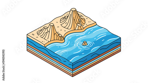 Isometric view of a volcanic island featuring two peaks on land and a small submerged crater in the surrounding deep blue ocean waters.