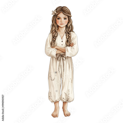 Watercolor cute girl with braids in cream jumpsuit isolated on white