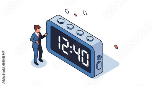 Isometric illustration of a businesswoman standing beside a giant blue digital alarm clock displaying twelve forty, depicting time management.