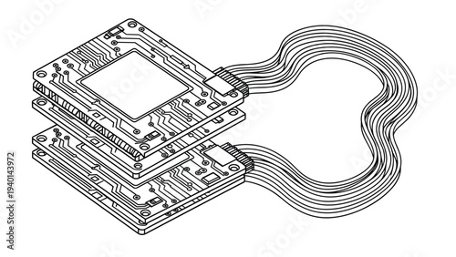 Detailed black and white wireframe illustration of stacked computer circuit boards connected by a thick bundle of ribbon cables.