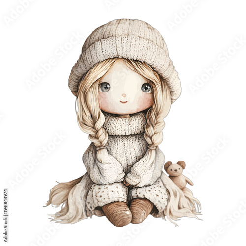 Watercolor illustration of a cute girl in a knit hat and sweater with a tiny teddy bear