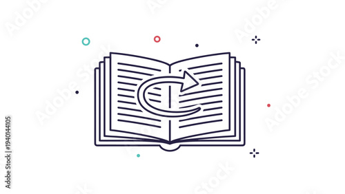 Simple line icon of an open book with a curved arrow suggests refreshing knowledge, re-reading content, or educational updates.