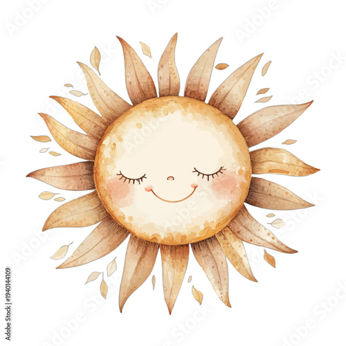 Watercolor illustration of a cute smiling sun with a face isolated on white