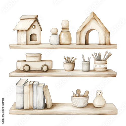 Watercolor nursery shelves with wooden toys books and decor