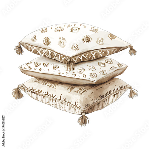 Watercolor illustration of a stack of boho throw pillows with tassels isolated on white