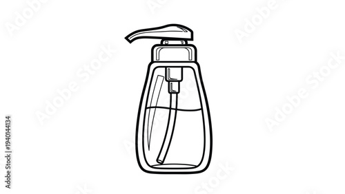 Outlined illustration of a transparent soap or lotion dispenser bottle shows the internal pump tube and liquid level inside.