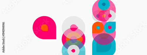 Abstract colorful circles overlap, creating dynamic composition. Shapes vary size, hue, texture. Minimalist design, modern aesthetic.