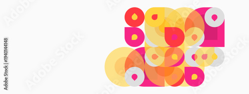 Abstract geometric shapes overlap, creating vibrant color composition. Pink, orange, yellow hues dominate design. Simple forms suggest playful energy.