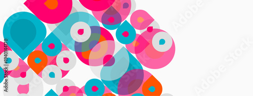 Abstract colorful circles overlap, creating dynamic visual texture. Pink, orange, teal hues dominate white background. Modern design element.