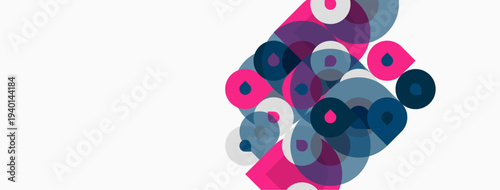 Abstract composition featuring overlapping circles, pinks, blues. Minimalist design with negative space. Modern, vibrant, geometric patterns present.
