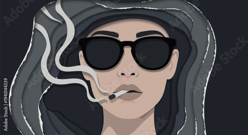 Woman wearing sunglasses smoking a cigarette with wavy hair.