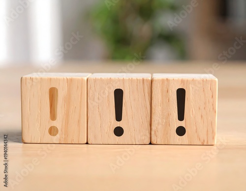 Wooden blocks displaying exclamation marks, symbolizing attention and important information.