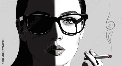 Woman with Sunglasses Smoking a Cigarette in a Stylish and Mysterious Portrait.