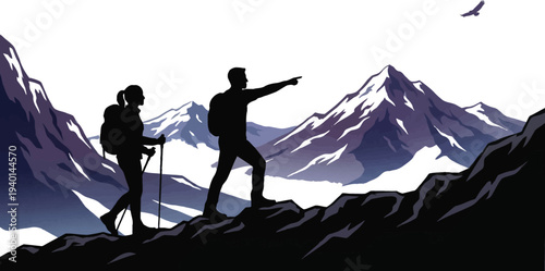 Hikers on mountain peak with scenic view and bird