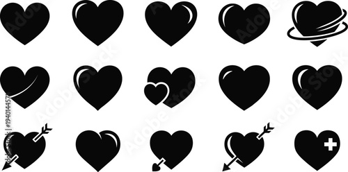 Vector Heart Icons Collection: Romantic Symbols for Love and Health, Black and White