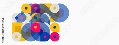Colorful overlapping circles create abstract composition. Shapes vary size, hue, opacity. Modern design element.