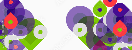 Abstract circles overlap, creating vibrant patterns. Purple, green, red hues dominate simple design. Clean aesthetic.