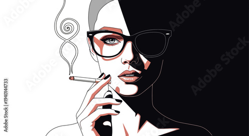 Woman smoking a cigarette with sunglasses on a black and white background.