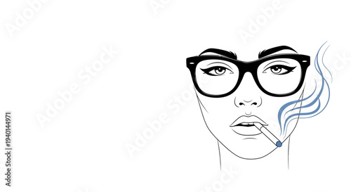Woman smoking a cigarette with glasses on a white background.