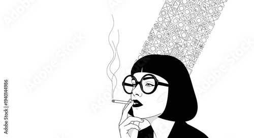 Woman smoking a cigarette with smoke surrounding her head.