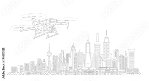 Aerial view black and white line art drawing depicting a modern quadcopter drone flying above a dense urban cityscape skyline illustration