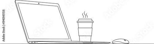 Minimalist vector line art illustration showcasing an open laptop computer, a steaming hot coffee cup, and a wireless mouse on a surface, symbolizing a modern productive workspace.