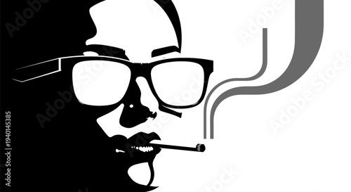 Man wearing glasses smoking a cigarette in black and white illustration.