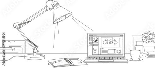Line art illustration of a streamlined modern workspace featuring a laptop, an adjustable task lamp, a notebook, and a coffee cup, conveying productivity and creativity.