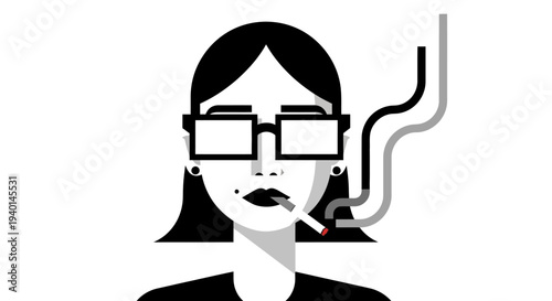 Woman Smoking Cigarette with Glasses and Dark Hair.
