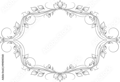 Elegant hand drawn ornamental black and white floral frame design with swirling leaves and decorative elements perfect for wedding invitations, certificates, or stylish borders