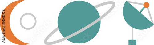 Cosmic Icons: Crescent Moon, Ringed Planet, Satellite Dish Flat Design Vector Illustration