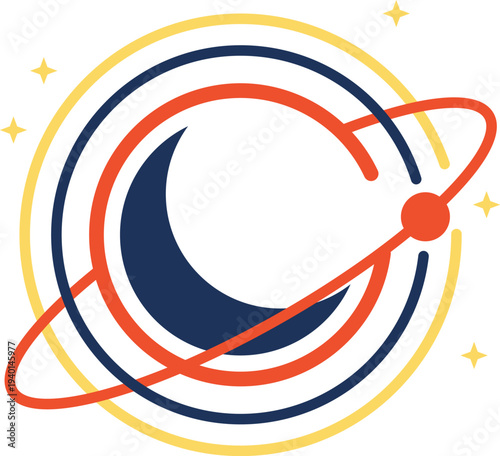 Stylized Planet Orbiting Moon Icon, Celestial Space Galaxy Abstract Flat Design Vector Illustration