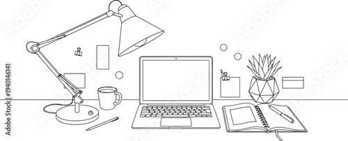 Minimalist line art illustration depicting a modern home office desk setup with a laptop, lamp, plant, and various supplies for productivity.