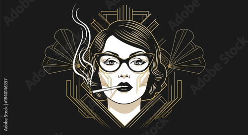 Illustration of a woman smoking with art deco elements.