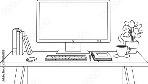 Minimalist line drawing of a modern desk setup with a computer monitor, keyboard, mouse, books, coffee cup, and a potted plant, perfect for a home office.
