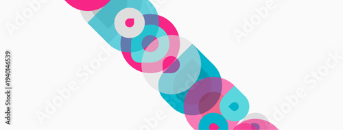 Abstract composition featuring overlapping circles. Pink, teal, turquoise hues dominate white background. Modern, minimalist design.