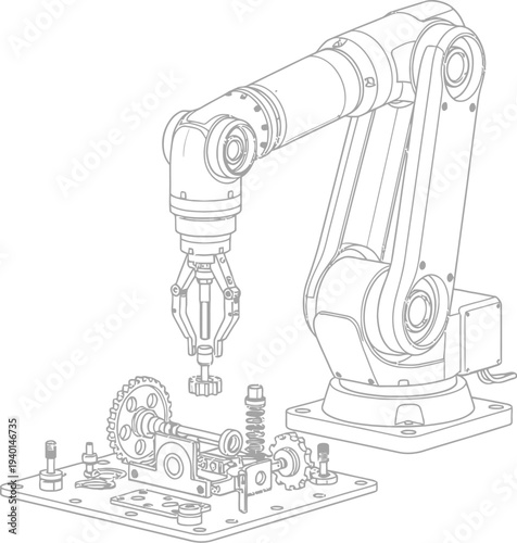 Industrial robotic arm precisely assembling intricate mechanical components including gears and fasteners in an automated manufacturing process