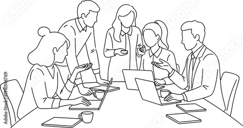A dynamic team of diverse professionals collaborating on a project, actively discussing ideas and sharing insights during a productive business meeting in an office environment.