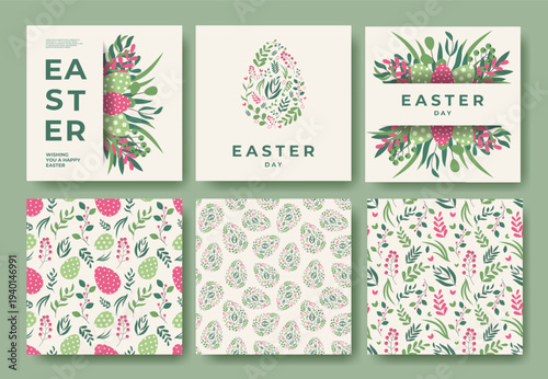 Vector for Easter Holiday. Background Banner Poster Card and Pattern for Eggs Hunt. Modern Easter Holiday Design with Egg, Flowers and Holiday Typography. Cute Posters in Pastel Colors. Creative Cute 