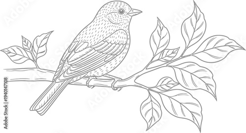 Beautiful small songbird perched serenely on a leafy branch, rendered in intricate black and white line art, perfect for nature-themed designs or coloring activities.