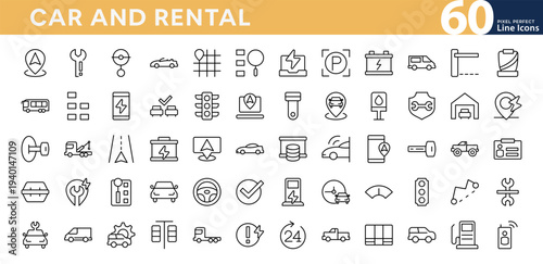 Car and Rental line icon set. Car sales, charging, repair, tools, garage, service, safety, insurance, transport, dealer outline vector icons. Editable stroke
