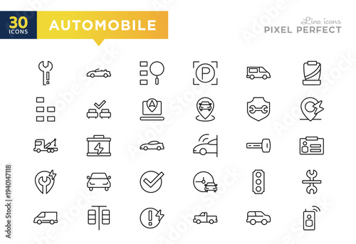 Automobile line icons. Car sales, charging, car rental, repair, service, safety, insurance, dealer editable stroke icon set