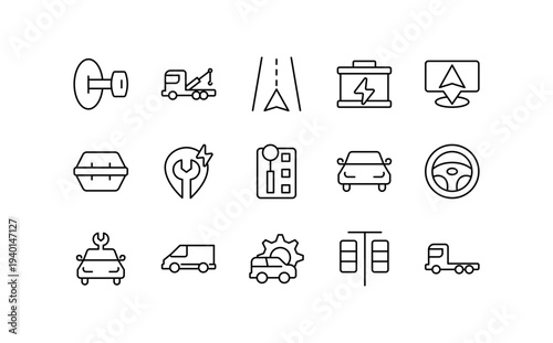 Car rental service line icon set. Car sales, charging, repair, tools, garage, safety, insurance, transport, dealer outline vector icons. UI thin icon pack